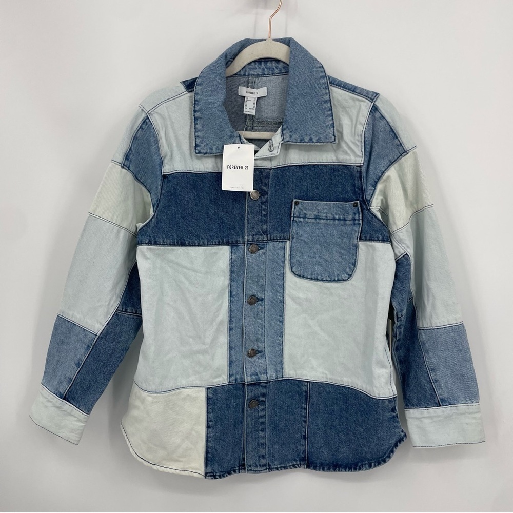 Forever 21 reworked denim jacket patchwork multi tone Sz XS
